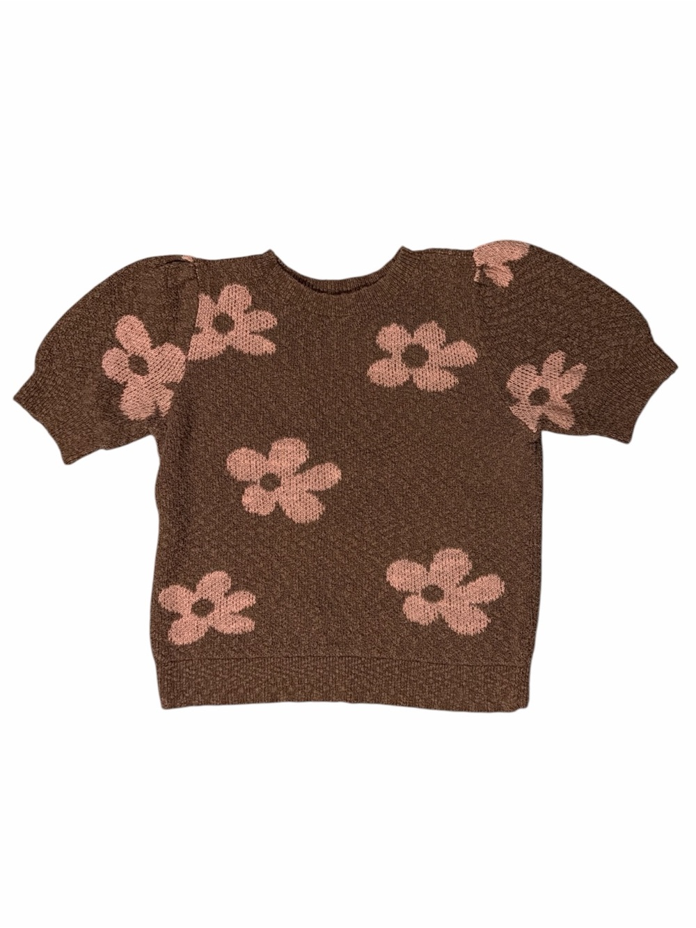 SONOMA Light Weight Sweater Brown Knit Floral Short-Sleeve Top